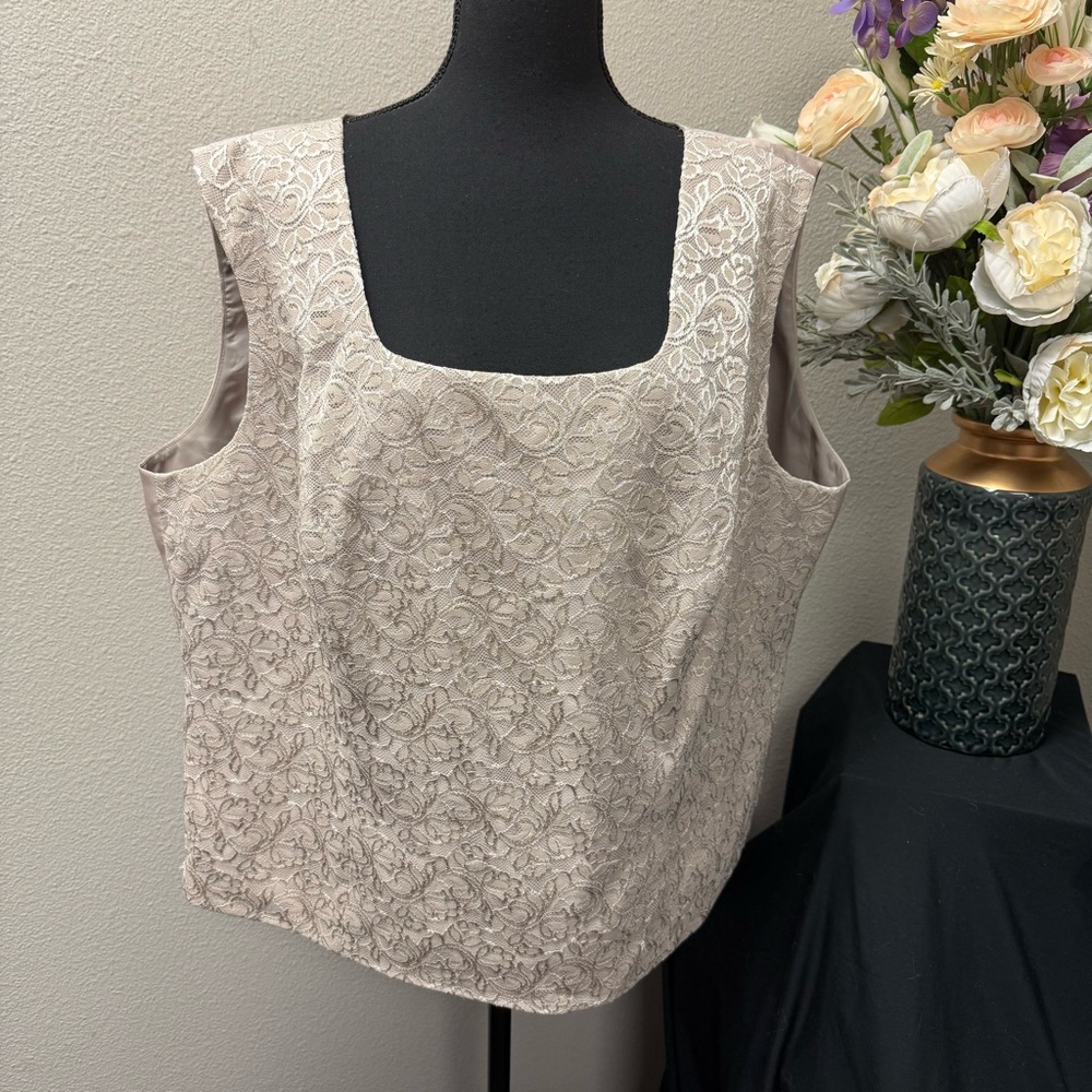 Bahari 24W Champagne Floral Lace Sleeveless Dressy Tank Top Evening Wear